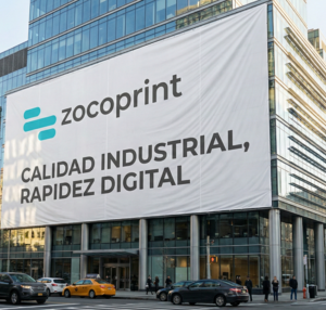 lona impresa gran formato personalizada con tu logo sobre edificio